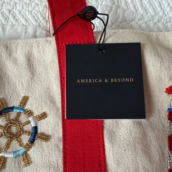 America & Beyond 'Hamptons' Limited Edition Beaded Canvas Tote-Red and Cream - Picture 8 of 11